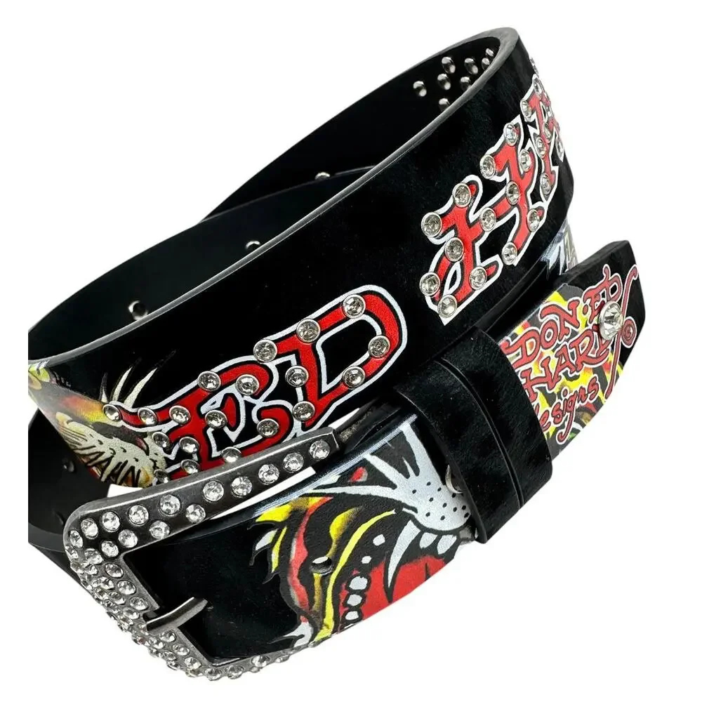 Ed Hardy Women's Rhinestone Tiger Printed Black Belt